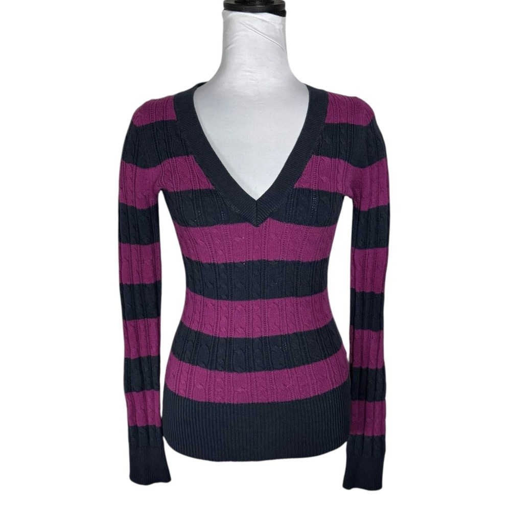 Y2K American Eagle Striped V Neck Cable Knit Sweater Size‎ M Fitted Bella Swan